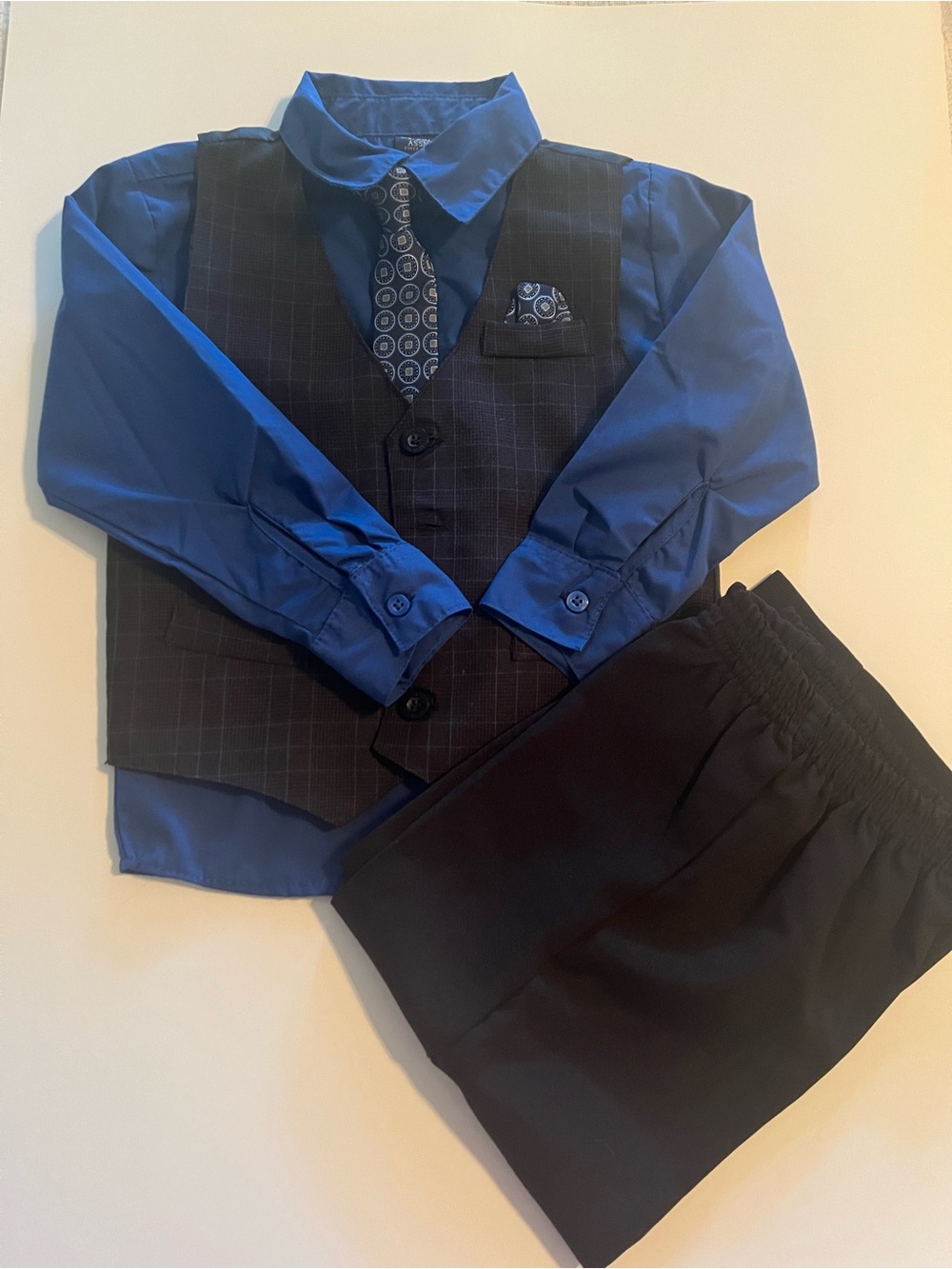 U.S. Polo Assn. Royal Blue Shirt w/ Black Checked Vest & Black Pants Set w/ Tie